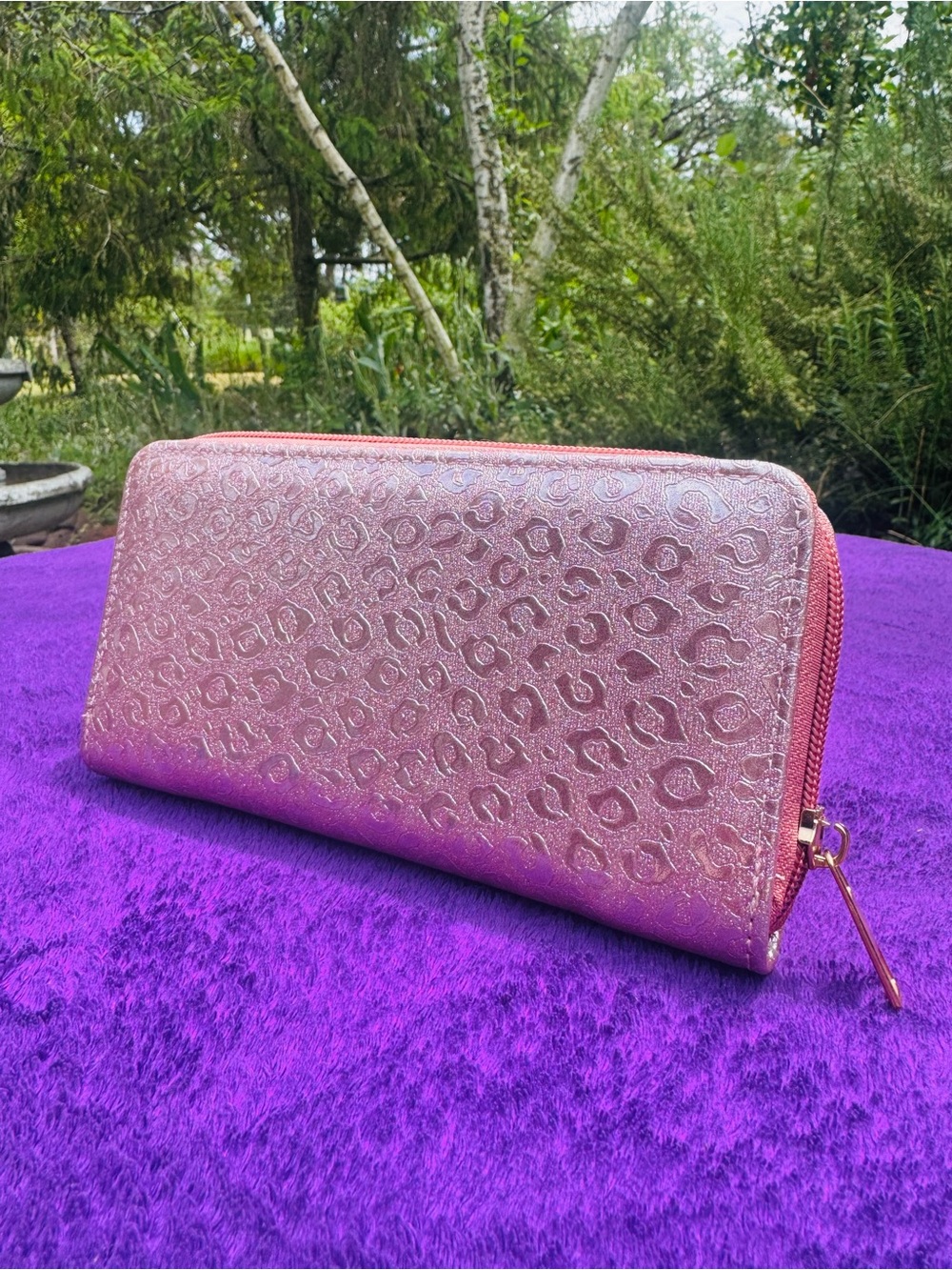 Sparkly Pink Leopard-Print Zip Around Women’s Wallet NEW